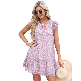 Women's Babydoll Mini Dress Summer V Neck Flutter Sleeve Boho Floral Flowy Shift Short Dress