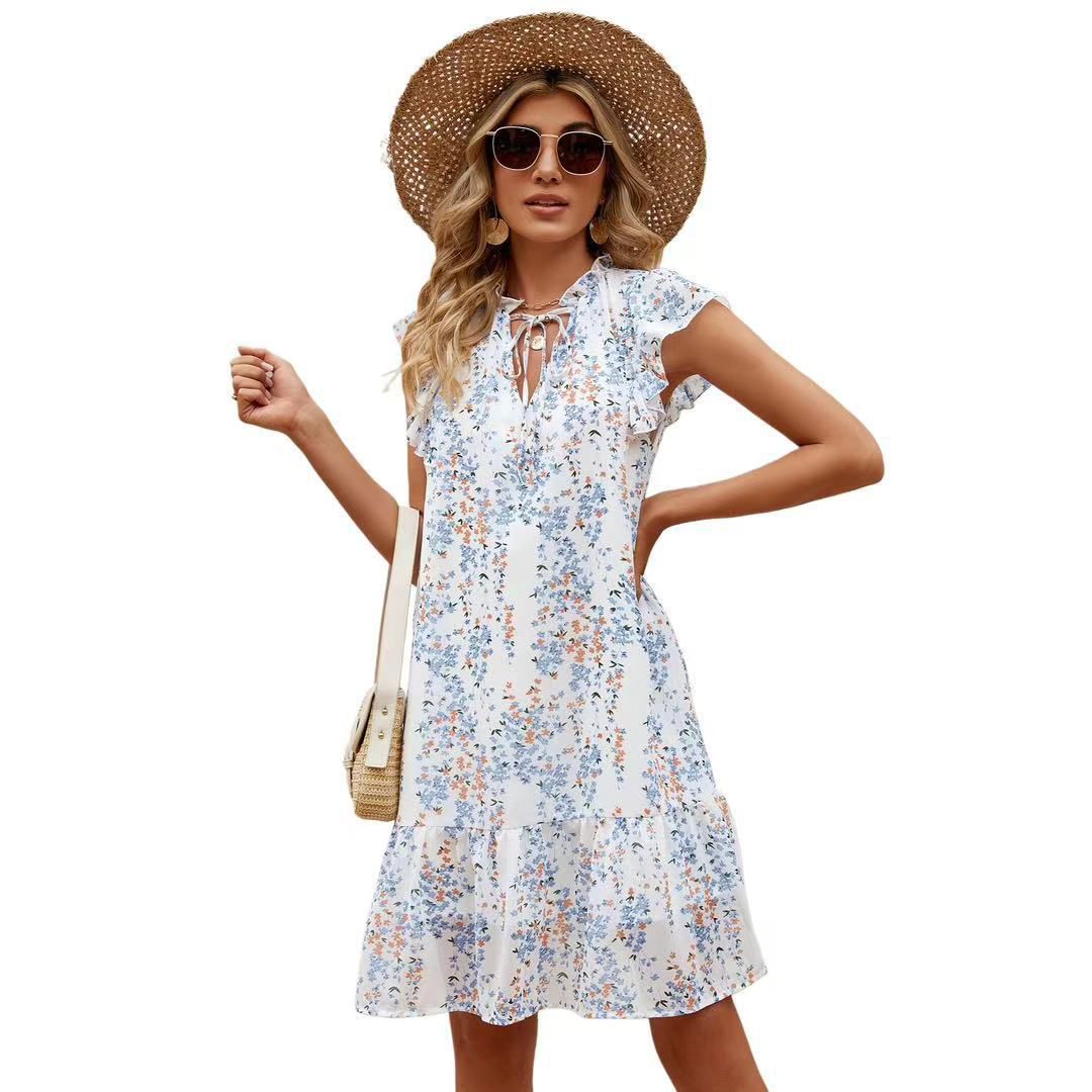 Женские платья Babydoll Mini Dress Summer V Neck Flutter Sleeve Boho Floral Flowy Shift Short Dress