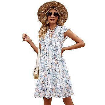 Women's Babydoll Mini Dress Summer V Neck Flutter Sleeve Boho Floral Flowy Shift Short Dress