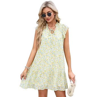 Women's Babydoll Mini Dress Summer V Neck Flutter Sleeve Boho Floral Flowy Shift Short Dress