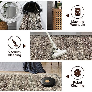 Boho Vintage Washable Area Rug, Non-Slip Low Pile Carpet, Ultra-Thin, Non-Shedding Floor Covering