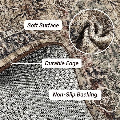 Boho Vintage Washable Area Rug, Non-Slip Low Pile Carpet, Ultra-Thin, Non-Shedding Floor Covering