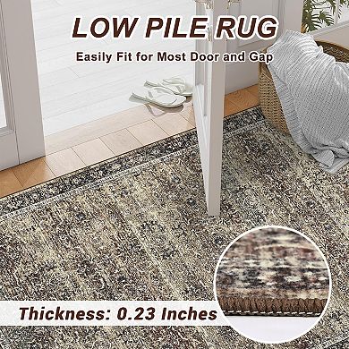 Boho Vintage Washable Area Rug, Non-Slip Low Pile Carpet, Ultra-Thin, Non-Shedding Floor Covering