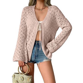 Womens Casual Cardigan Summer Beach Trumpet Long Sleeve Hollow Out Tie-Front Crochet Cardigan