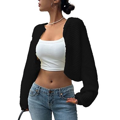 Women's Long Sleeve Open Front Knitted Crop Cardigan Drop Shoulder Knit Bolero Shrug Sweater