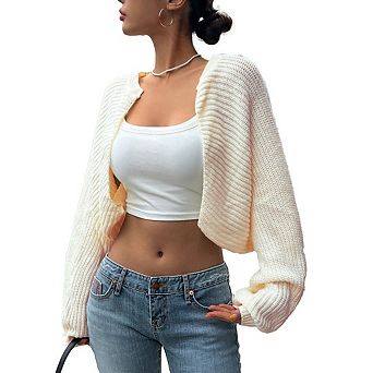 Women's Long Sleeve Open Front Knitted Crop Cardigan Drop Shoulder Knit Bolero Shrug Sweater