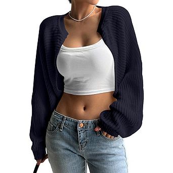 Women's Long Sleeve Open Front Knitted Crop Cardigan Drop Shoulder Knit Bolero Shrug Sweater