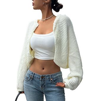 Women's Long Sleeve Open Front Knitted Crop Cardigan Drop Shoulder Knit Bolero Shrug Sweater