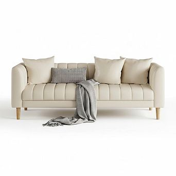 Modern Faux Leather Couch for Living Room, 3 Seater Sofa with 2 Throw Pillows and Wood Legs