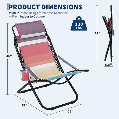 Folding Lounge Chair, Portable Outdoor Chair with Flip-Up Headrest for Beach Camping Backyard