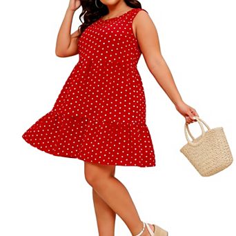 Women's Plus Size Sleeveless Tiered Polka Dot Swing Dress - Casual Summer Sundress