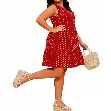 Women's Plus Size Sleeveless Tiered Polka Dot Swing Dress - Casual Summer Sundress