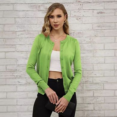 Women's Long Sleeve Button Down Crew Neck Classic Sweater Knit Cardigan