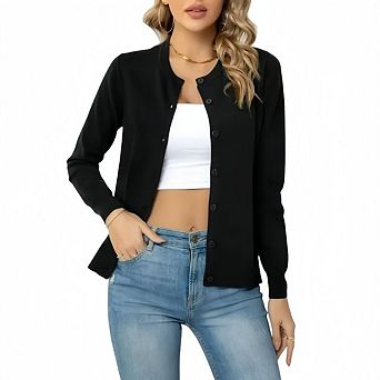 Women's Long Sleeve Button Down Crew Neck Classic Sweater Knit Cardigan