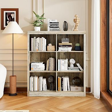 Modern 3-Tiers Bookcase with 6 Cube Storage, Wooden Cubby Bookshelf with Anti-Tip Design