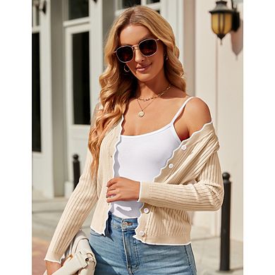 Womens Cropped Cardigan Knit Color Blocking V Neck Button Down Sweaters