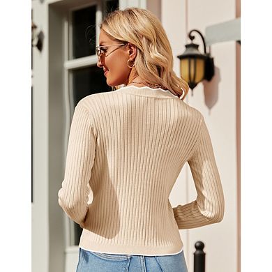 Womens Cropped Cardigan Knit Color Blocking V Neck Button Down Sweaters