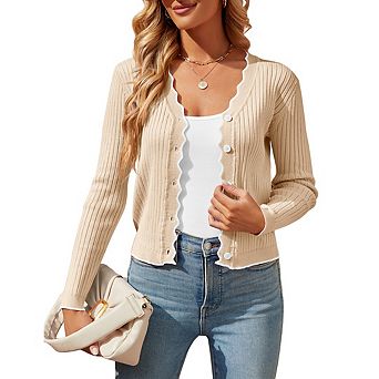 Womens Cropped Cardigan Knit Color Blocking V Neck Button Down Sweaters