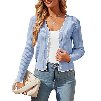 Womens Cropped Cardigan Knit Color Blocking V Neck Button Down Sweaters