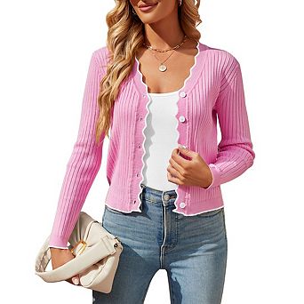 Womens Cropped Cardigan Knit Color Blocking V Neck Button Down Sweaters