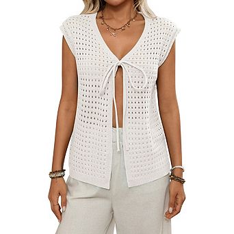 Womens Tie Crochet Sleeveless Cover Up Open Front Knit Cardigan Sweaters Cut Out Vacation Tank Tops