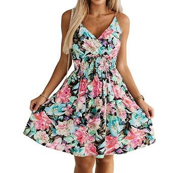 Women's Mini Sundress V Neck Spaghetti Strap Floral Smocked Waist Flowy Casual Dress