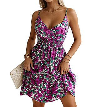 Women's Mini Sundress V Neck Spaghetti Strap Floral Smocked Waist Flowy Casual Dress