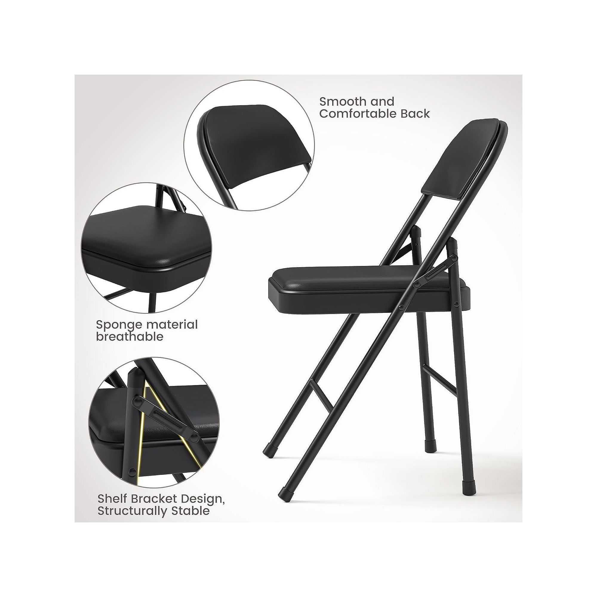 Black padded folding chair features: comfort back, breathable cushioning, stable frame.