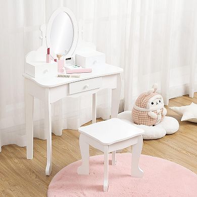 Girls' Vanity Set with Mirror, Makeup Table and Stool for Kids, Wood Dress Up