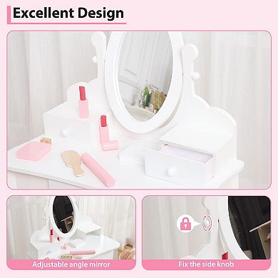 Girls' Vanity Set with Mirror, Makeup Table and Stool for Kids, Wood Dress Up