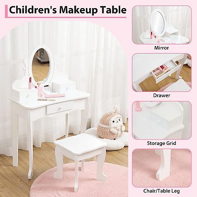 Girls' Vanity Set with Mirror, Makeup Table and Stool for Kids, Wood Dress Up