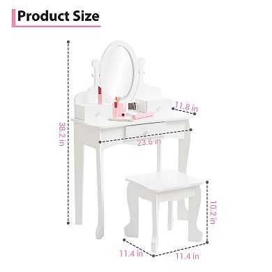Girls' Vanity Set with Mirror, Makeup Table and Stool for Kids, Wood Dress Up