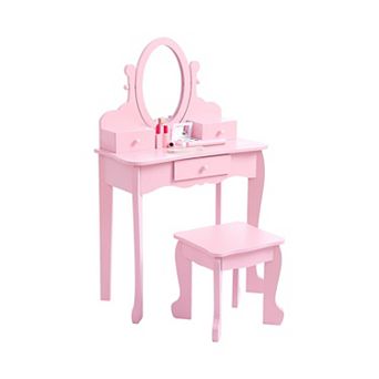Girls' Vanity Set with Mirror, Makeup Table and Stool for Kids, Wood Dress Up