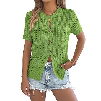Women Button Down Shirts Y2k Short Sleeve Ribbed Tops Lightweight Cardigan