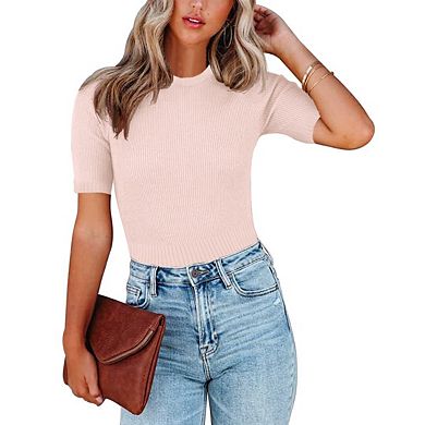 Women's Casual Cropped Sweater Knit Basic Going Out Slim Fit Short Sleeve Crew Neck Tight Shirts