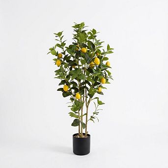 Artificial Lemon Tree in Black Pot, Faux Lemon Fruit Silk Plant for Home Decor, Fake Lemon Tree
