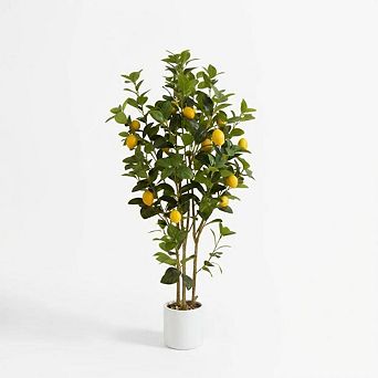 Artificial Lemon Tree in Black Pot, Faux Lemon Fruit Silk Plant for Home Decor, Fake Lemon Tree
