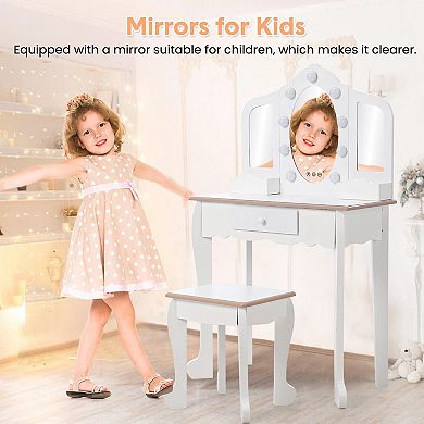 Kids Vanity with Lighted Mirror, Little Girls Vanity Table & Stool