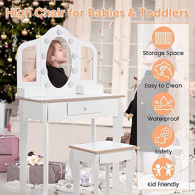 Kids Vanity with Lighted Mirror, Little Girls Vanity Table & Stool