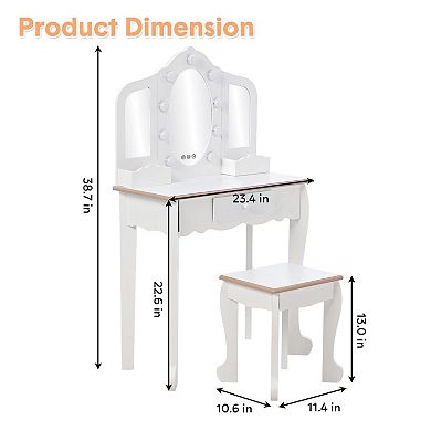 Kids Vanity with Lighted Mirror, Little Girls Vanity Table & Stool