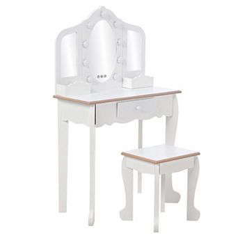 Kids Vanity with Lighted Mirror, Little Girls Vanity Table & Stool