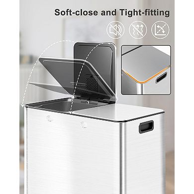 Dual Compartment Trash Can, Pedal Garbage Can with Slow-Close Lid and Removable Inner Bucket