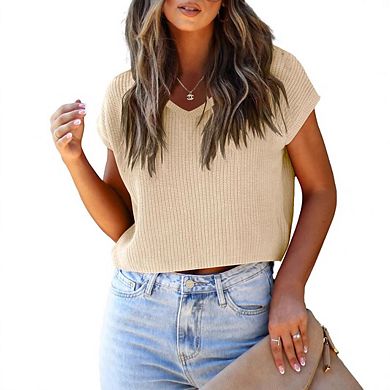 Women’s Sweaters Vests Solid Cap Sleeve Cropped Tops V Neck Loose Fit Ribbed Knit Tank Tops
