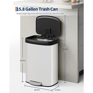16 Gal Stainless Steel Kitchen Trash Can, Large Garbage Bin with Soft Close Lid and Foot Pedal
