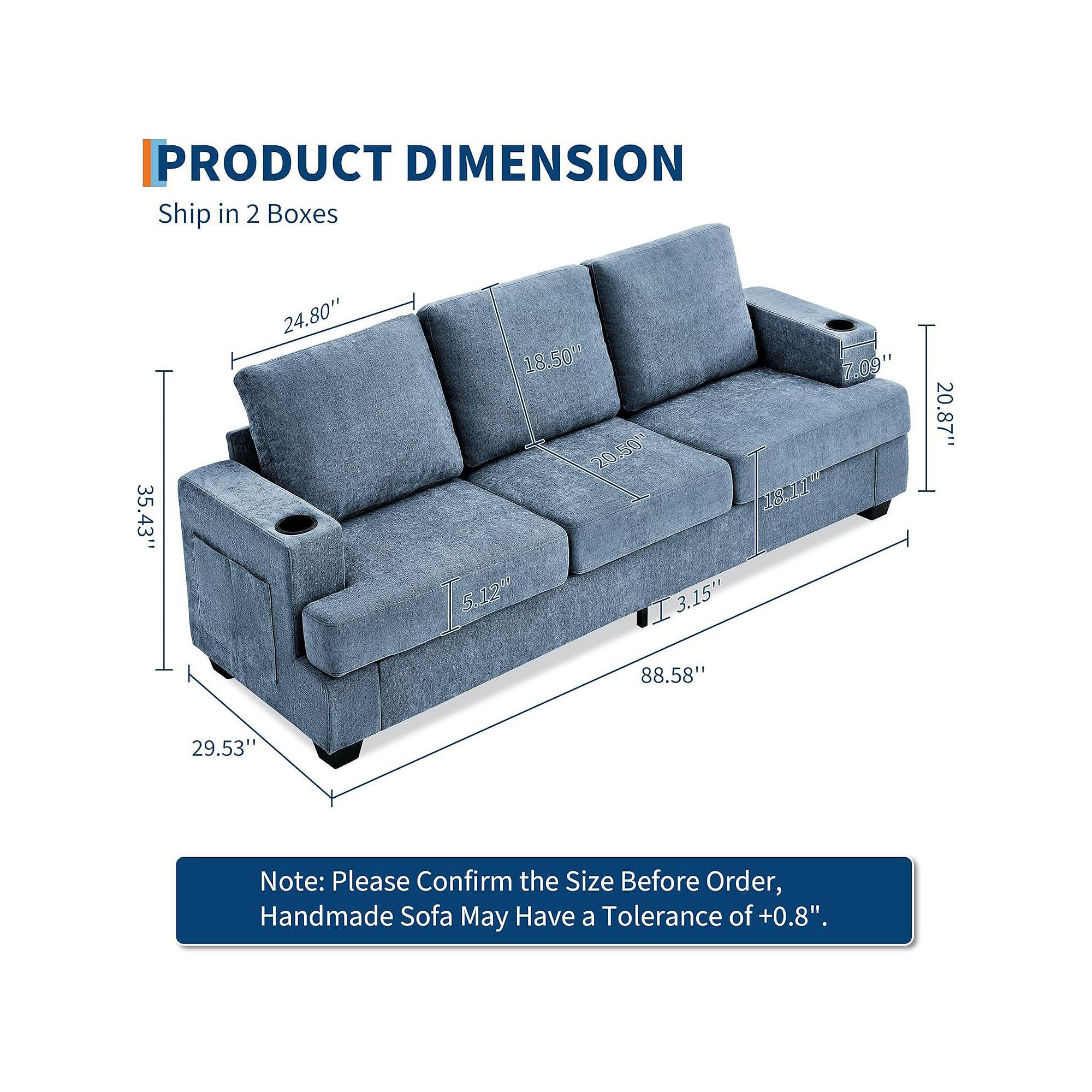 Sofa product dimension diagram for Modern 89 3-seater sofa