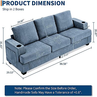 Modern 89" Chenille 3-Seater Sofa with Cup Holders and Side Storage Pockets