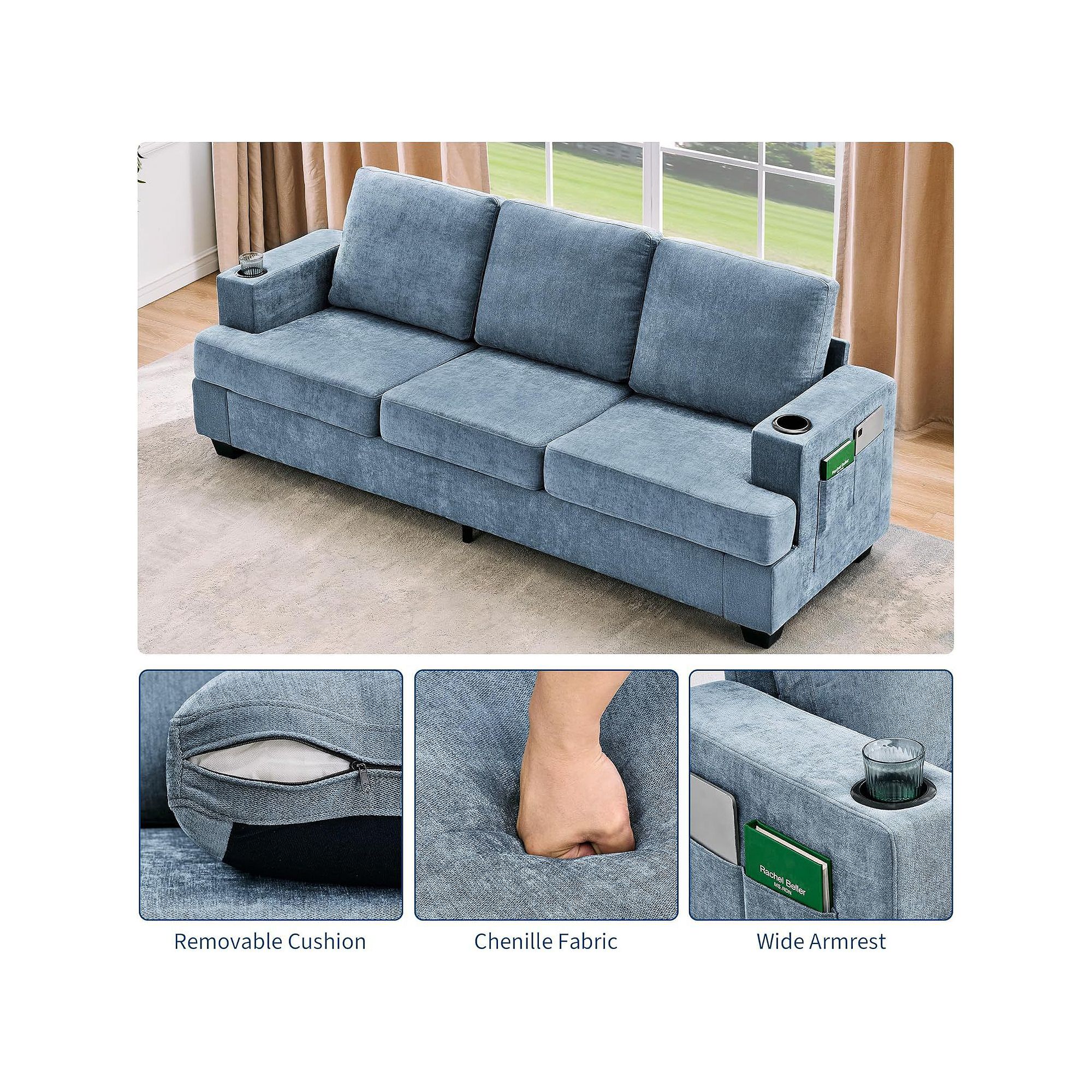 Blue chenille sofa with cup holders and side storage pockets