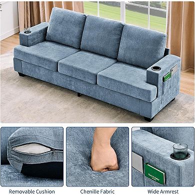 Modern 89" Chenille 3-Seater Sofa with Cup Holders and Side Storage Pockets