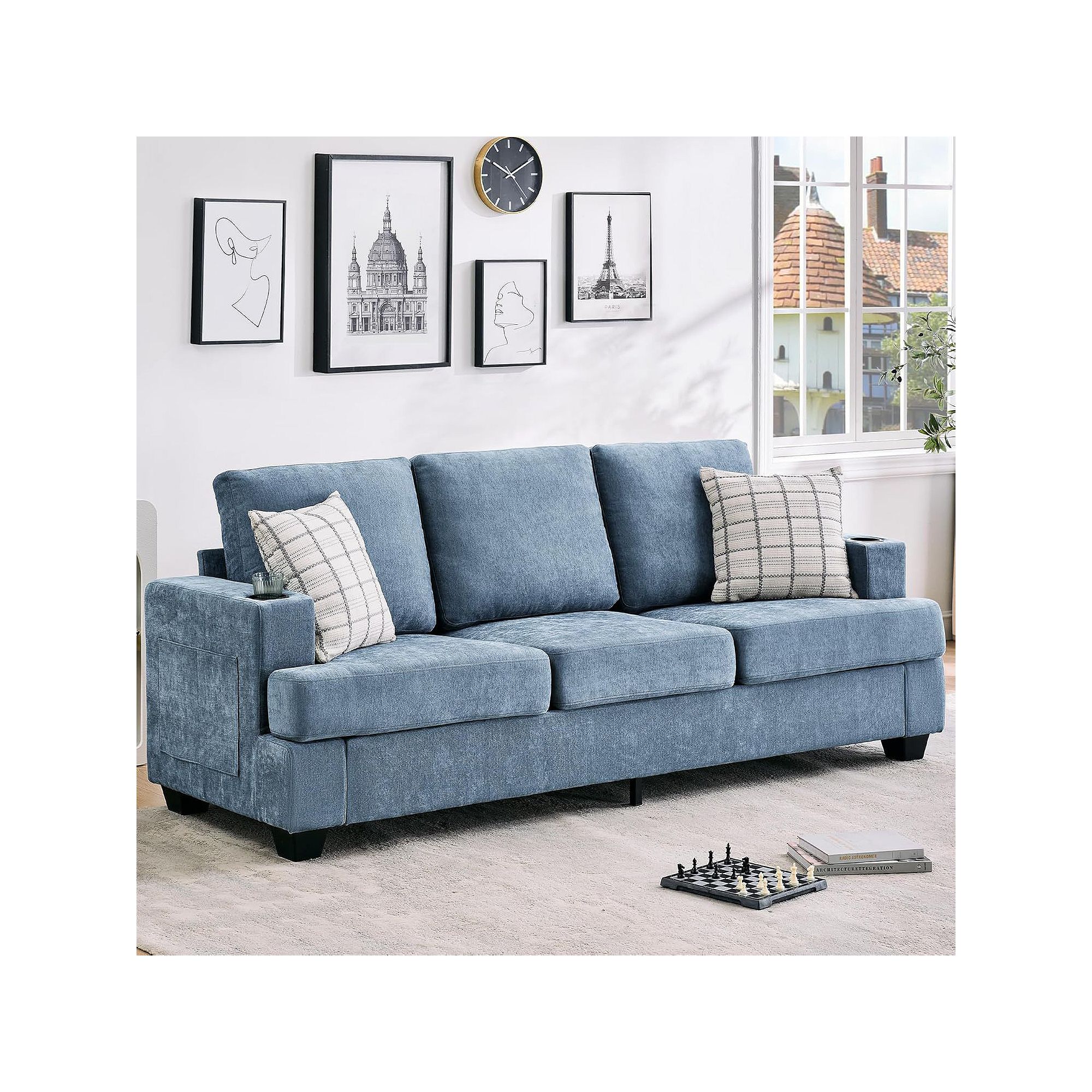 Blue chenille 3-seater sofa with cup holders and side storage pockets