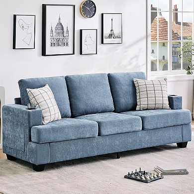 Modern 89" Chenille 3-Seater Sofa with Cup Holders and Side Storage Pockets